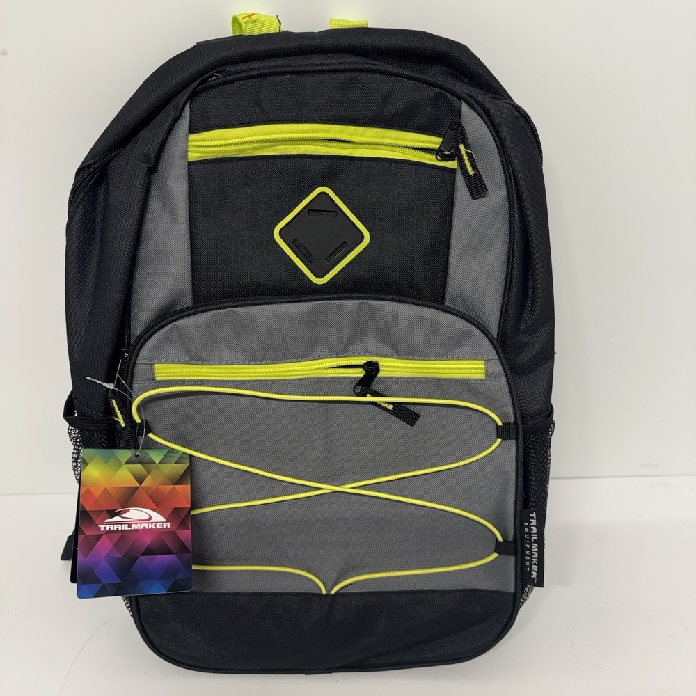Backpack NWT Trailmaker Black Gray Neon Yellow Laptop Bag Back to School